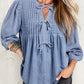 Denim Front Pintuck Bow Tie Puff Sleeve Top