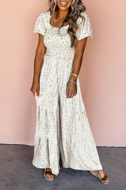 Boho Floral Smocked Wide Leg Jumpsuit