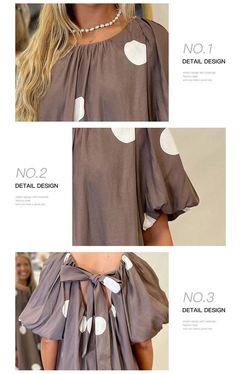 Brown Polka Dot Print Knot Back Short Puff Sleeve Loose Mini Dress