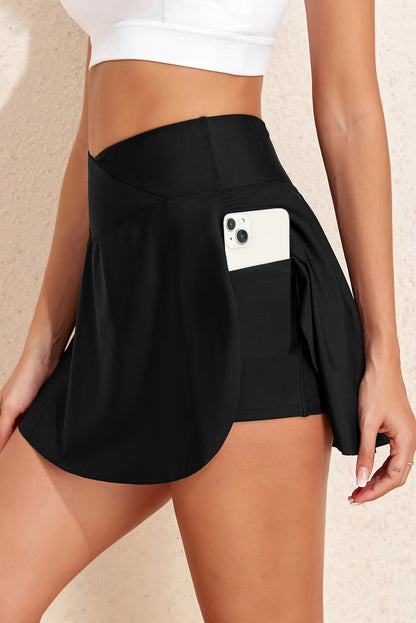 Solid Pocketed Crossover High Waist Swim Skort