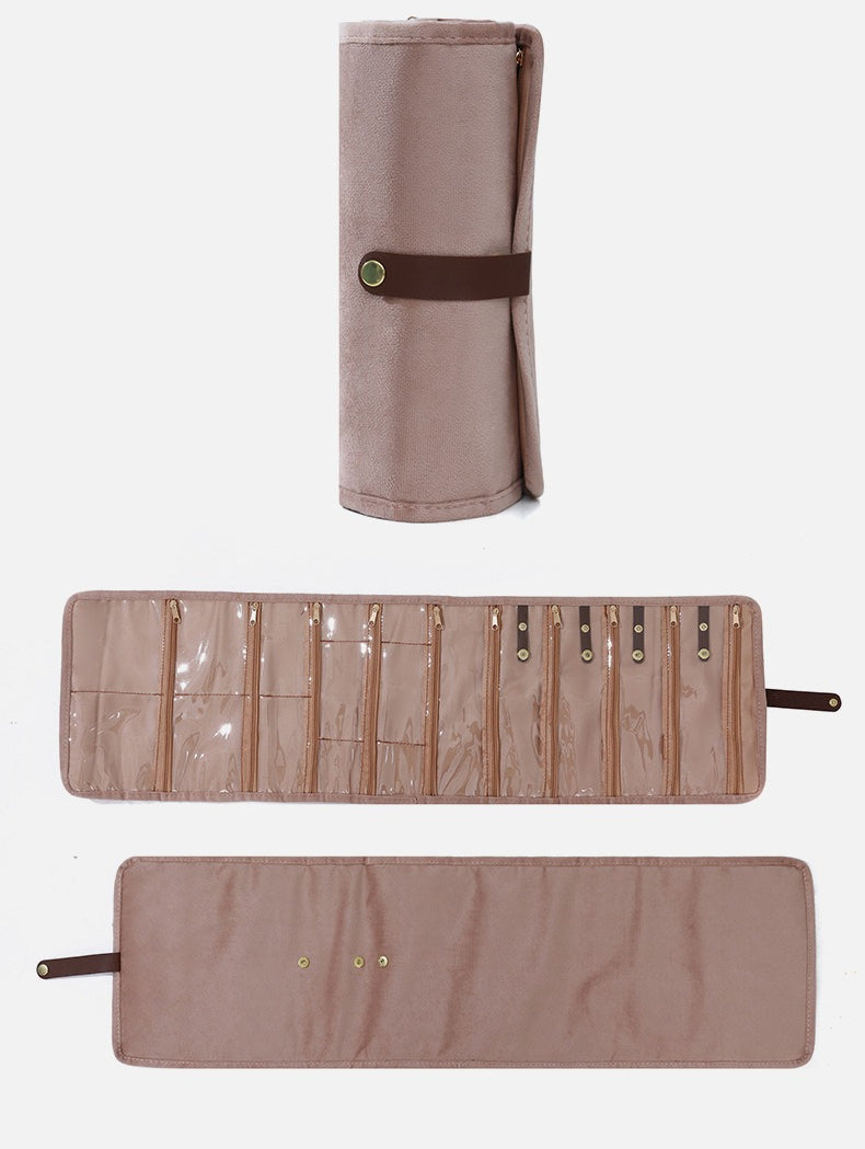 Plush Velvet Travel Jewelry Roll Organizer