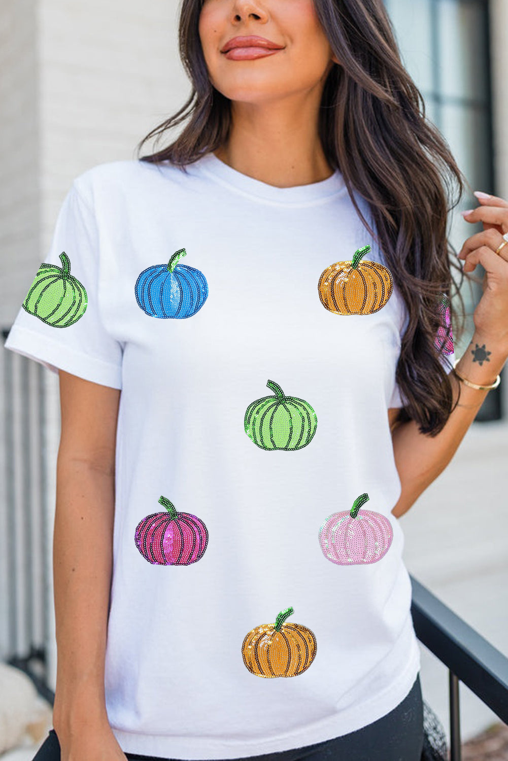 Sequin Bow Pumpkin Patched Cotton Blend T Shirt