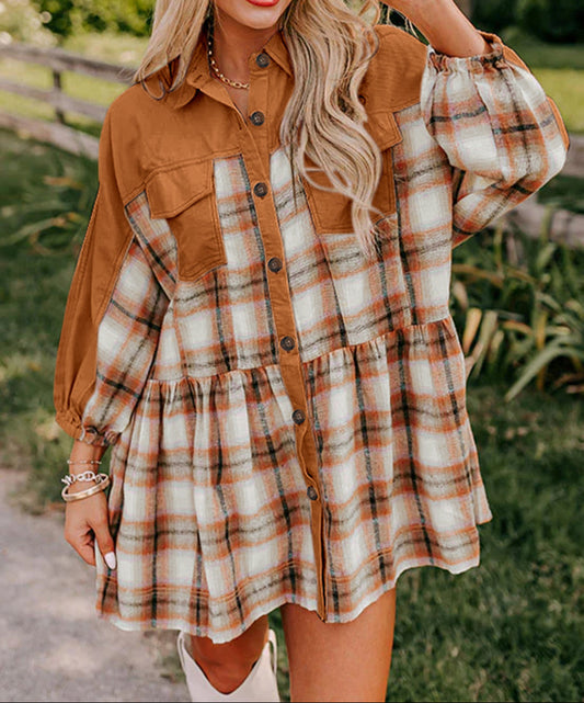 Plaid Color Block Patchwork Ruffle Hem Tunic Shirt Dress