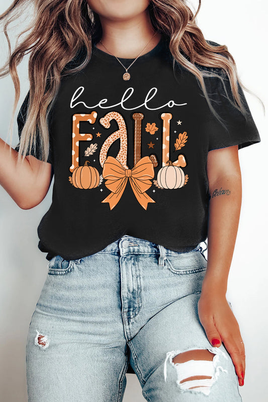 Hello Fall Thanksgiving Bow Pumpkin Graphic Tee
