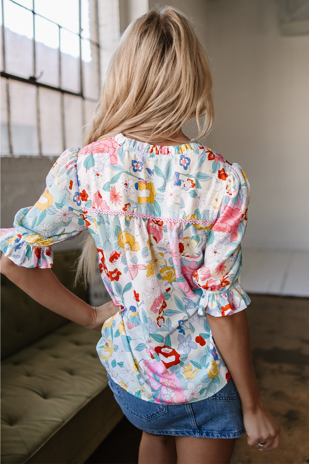 Boho Flower Print Half Puff Sleeve Blouse