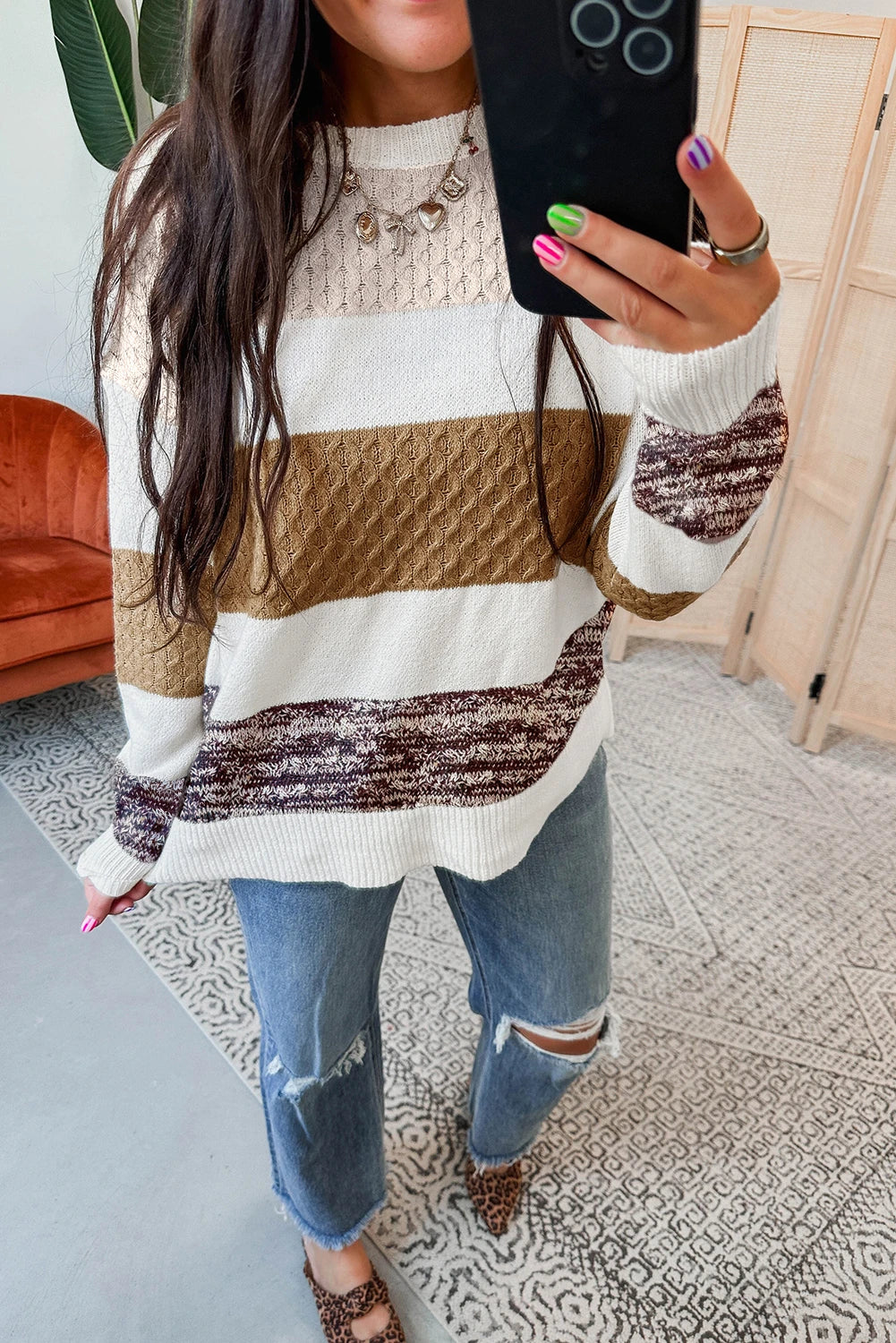 Knit Striped Color Block Loose Sweater