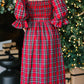 Square Neck Puff Sleeve Knot Waist Flared Midi Dress