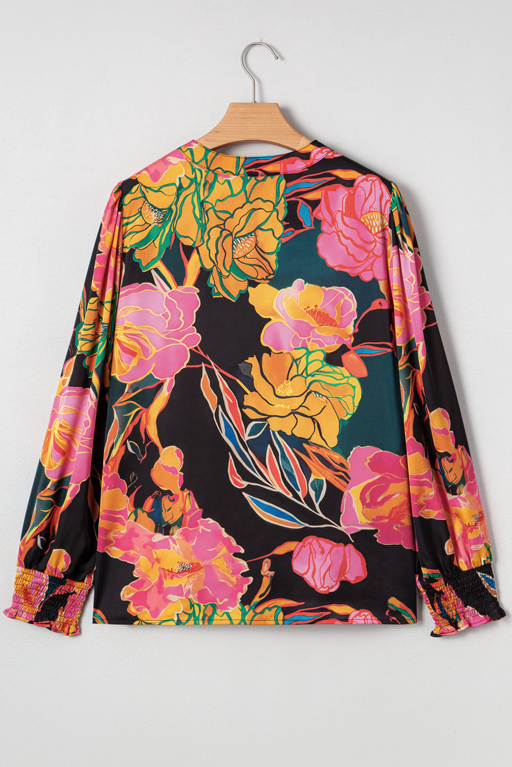 Floral Print Smocked Cuffs Puff Sleeve V Neck Blouse