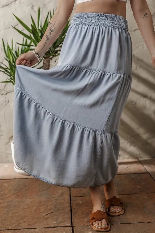 Beau Blue Tiered Smocked High Waist Denim Maxi Skirt