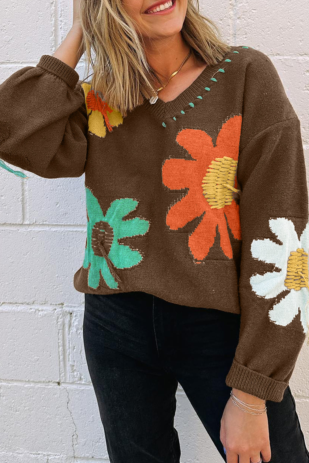 Flower Pattern V Neck Sweater