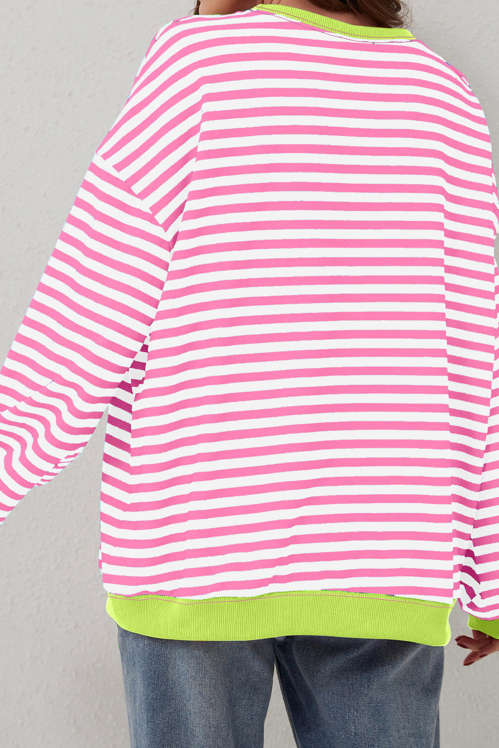 Striped Contrast Ribbed Trim Crossed Stitch Drop Shoulder Sweatshirt