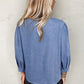 Denim Front Pintuck Bow Tie Puff Sleeve Top