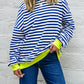 Striped Contrast Ribbed Trim Crossed Stitch Drop Shoulder Sweatshirt