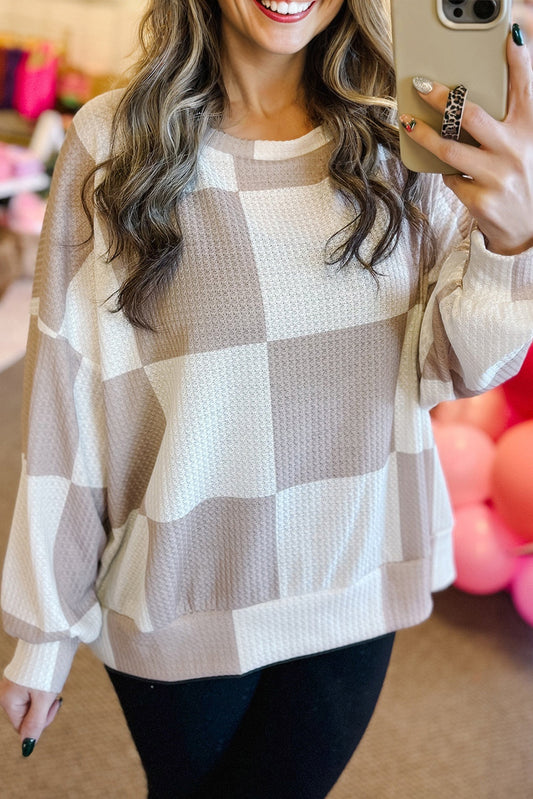 Checkered Print Breathable Textured Long Sleeve Top