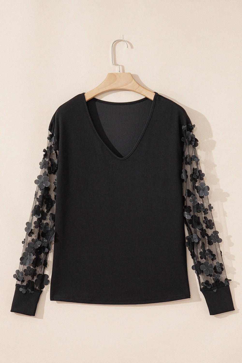 Flower Applique Mesh Long Sleeve V Neck Blouse