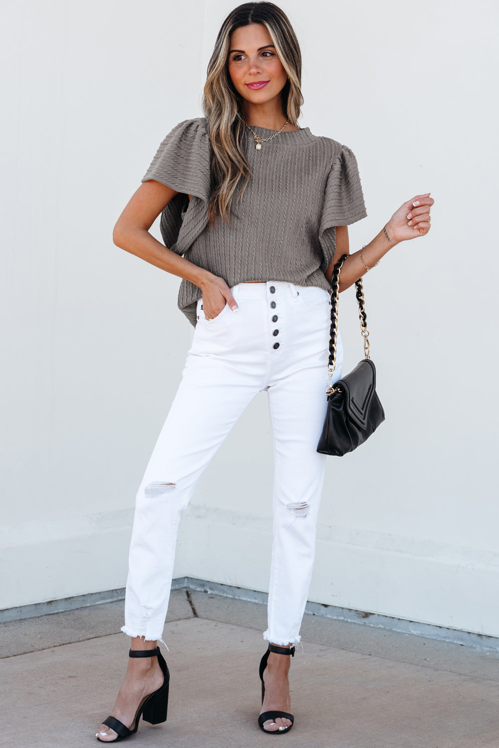 Solid Textured Flutter Sleeve Top