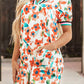 Contrast Trim Floral Split Neck Puff Short Sleeve Tiered Mini Dress
