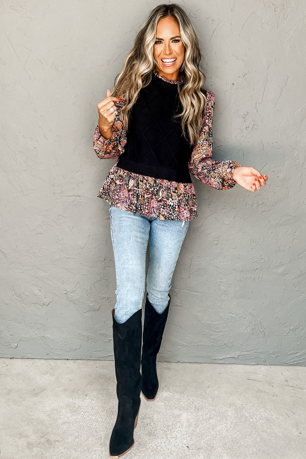 Contrast Floral Sleeve Peplum Sweater