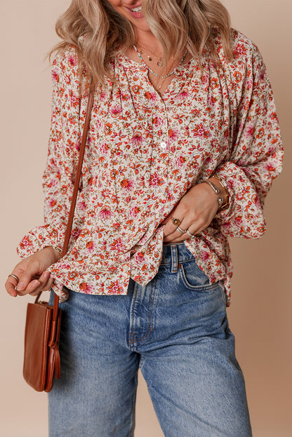 Detail Notched Neck Puff Sleeve Blouse