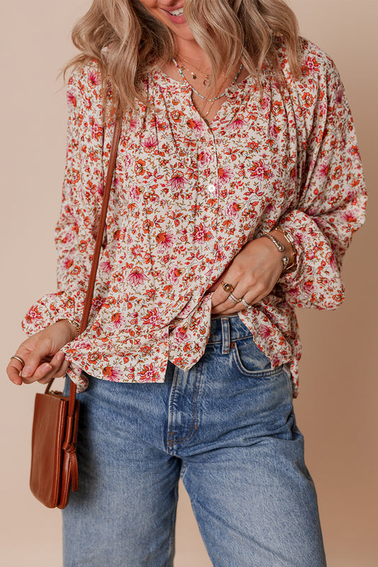 Detail Notched Neck Puff Sleeve Blouse