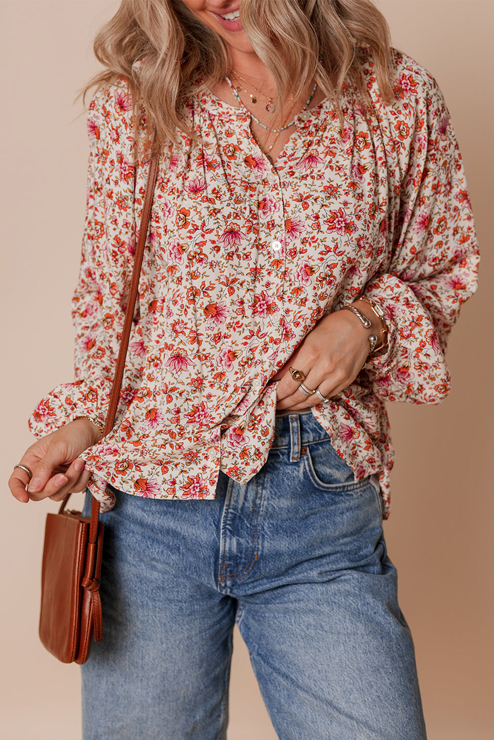 Detail Notched Neck Puff Sleeve Blouse