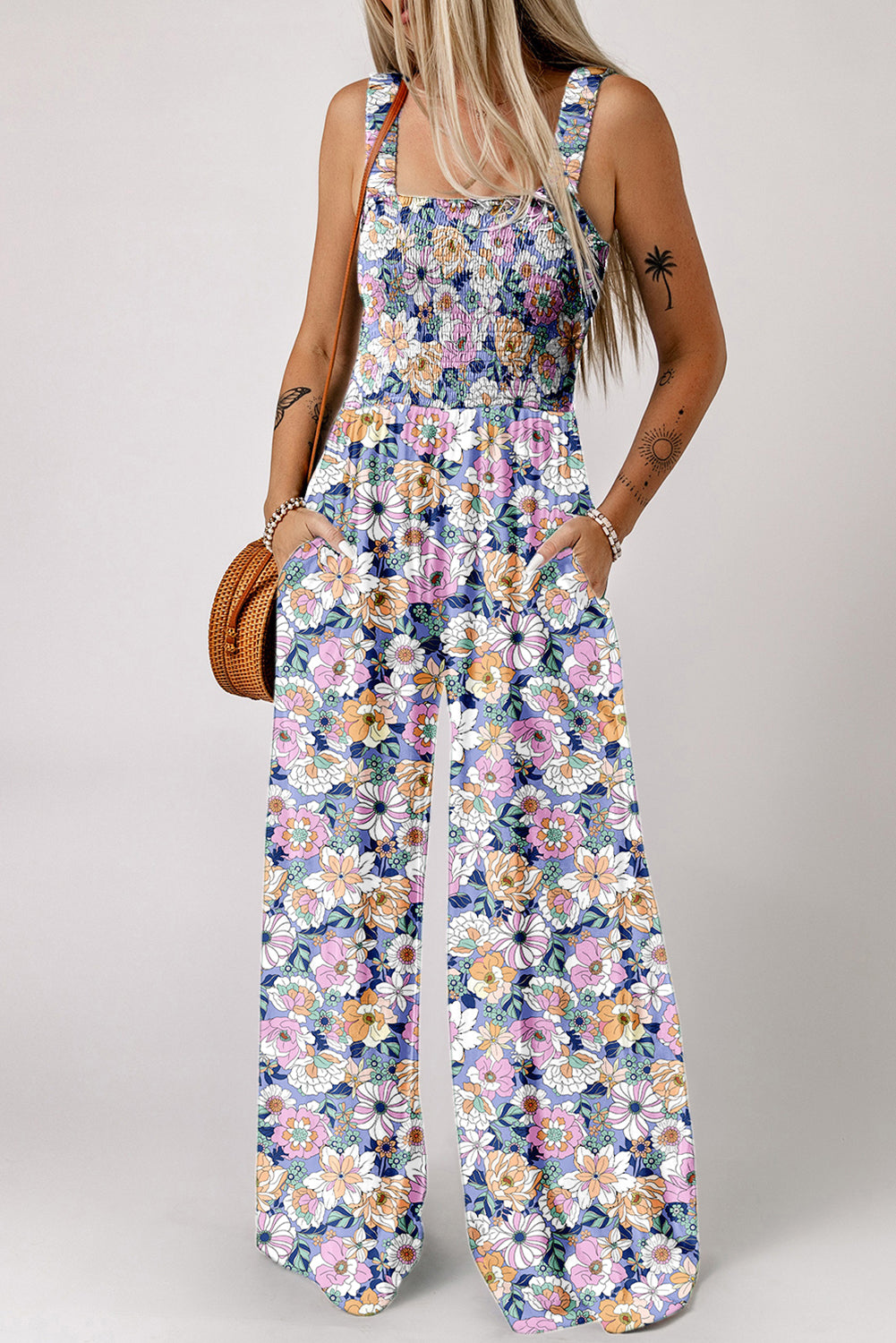 Floral Print Smocked High Waist Square Neck Jumpsuit