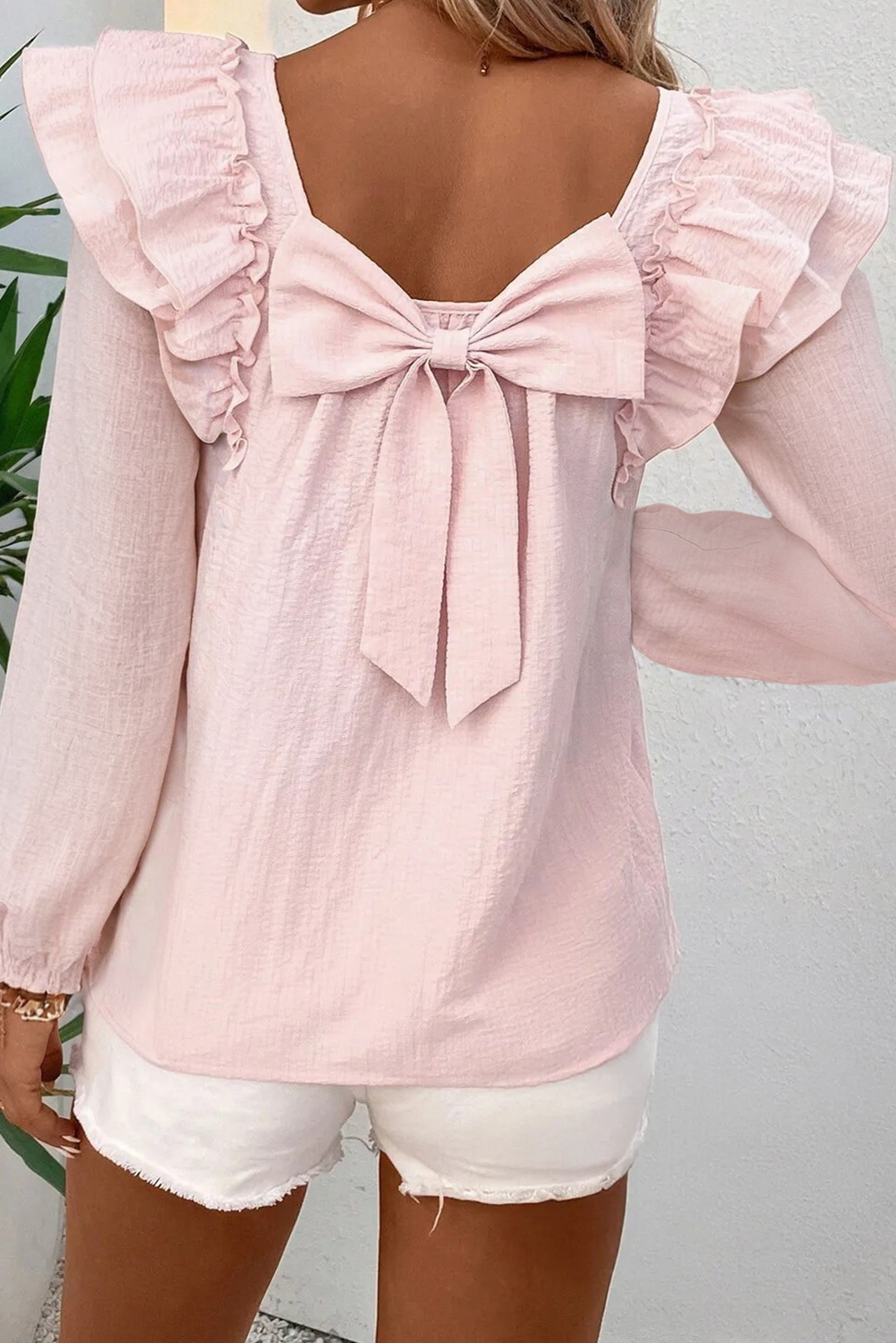 Textured Flutter Sleeve Square Neck Bow Back Mini Dress