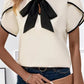White Bow Knot Neckline Contrast Stripe Short Sleeve Blouse