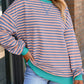 Striped Contrast Ribbed Trim Crossed Stitch Drop Shoulder Sweatshirt