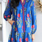 Floral Print Contrast Striped Trim Notched Neck Long Sleeve Dress