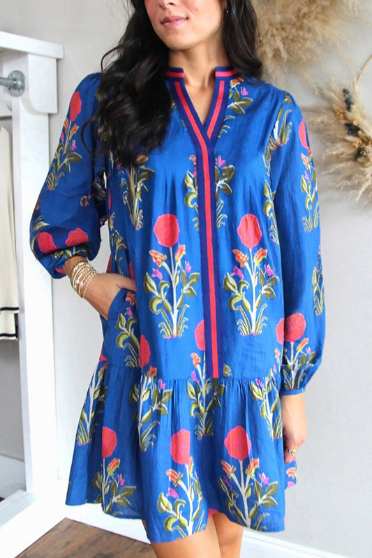 Floral Print Contrast Striped Trim Notched Neck Long Sleeve Dress