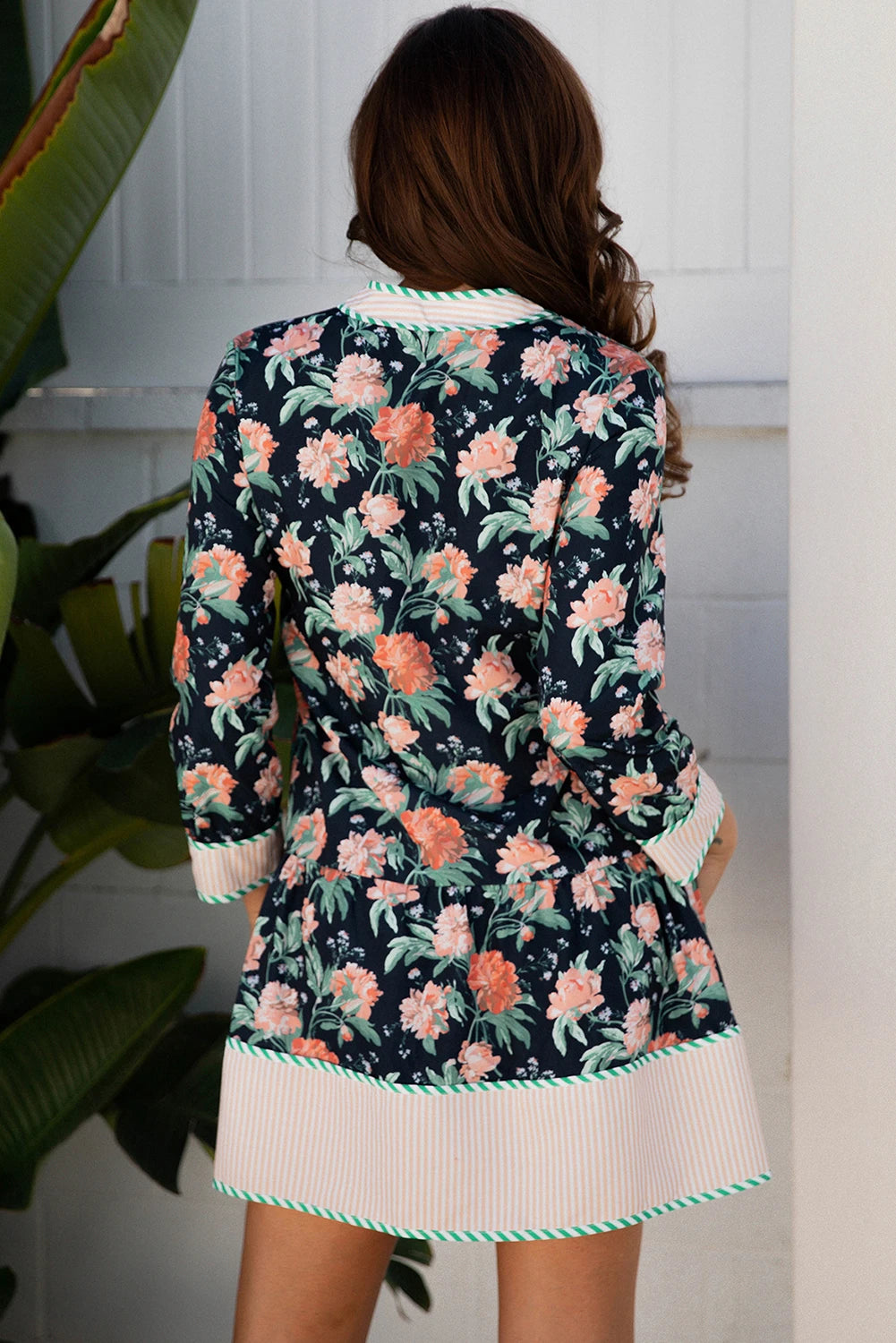 Neck Long Sleeve Ruffle Hem Shift Mini Dress