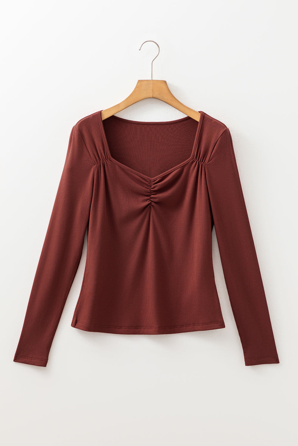 Gathered Bust Square Neck Ribbed Fit Long Sleeve Top