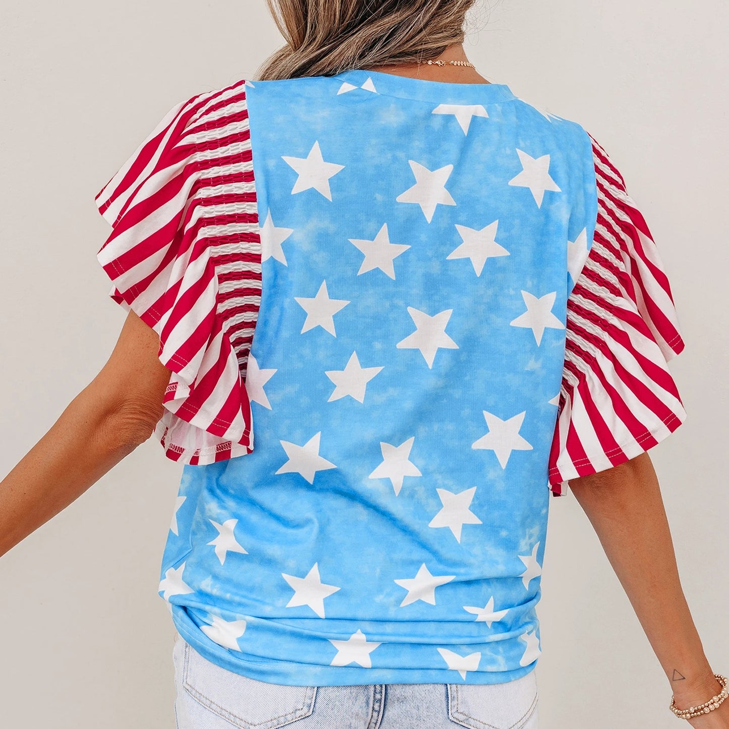 Sky Blue Vintage Star Print Striped Ruffle Sleeve Independence Day Top