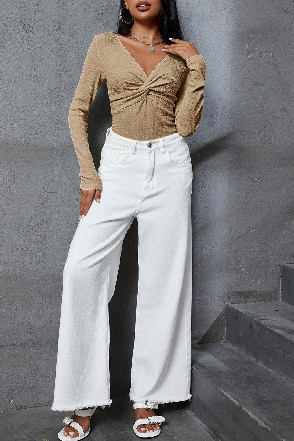 Textured Twist Front V Neck Long Sleeve Slim Solid Color Top