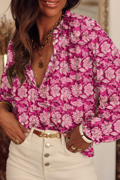 Floral Print Split Neck Pleated Puff Sleeve Blouse