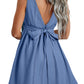 Square Neck Bowknot A-line Sleeveless Denim Dress