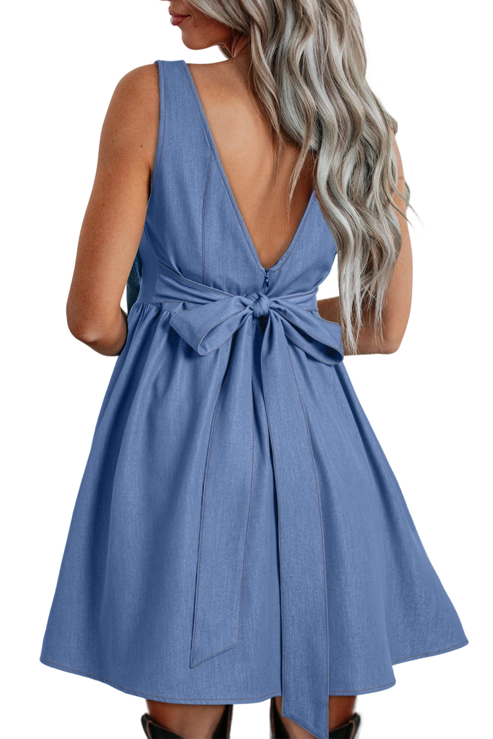 Square Neck Bowknot A-line Sleeveless Denim Dress