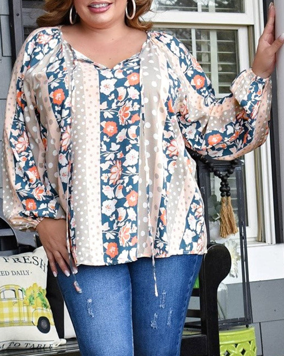 Plus Size Mixed Print Split Neck Blouse