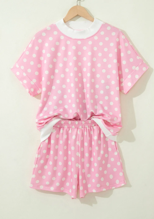 Polka Dot Print Color Block Trim Mock Neck Short Set