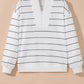 Zip V Neck Casual Stripe Print Drop Shoulder Long Sleeve Top