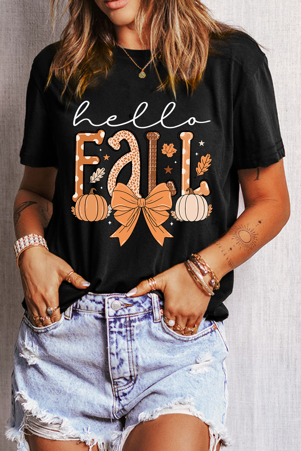 Hello Fall Thanksgiving Bow Pumpkin Graphic Tee