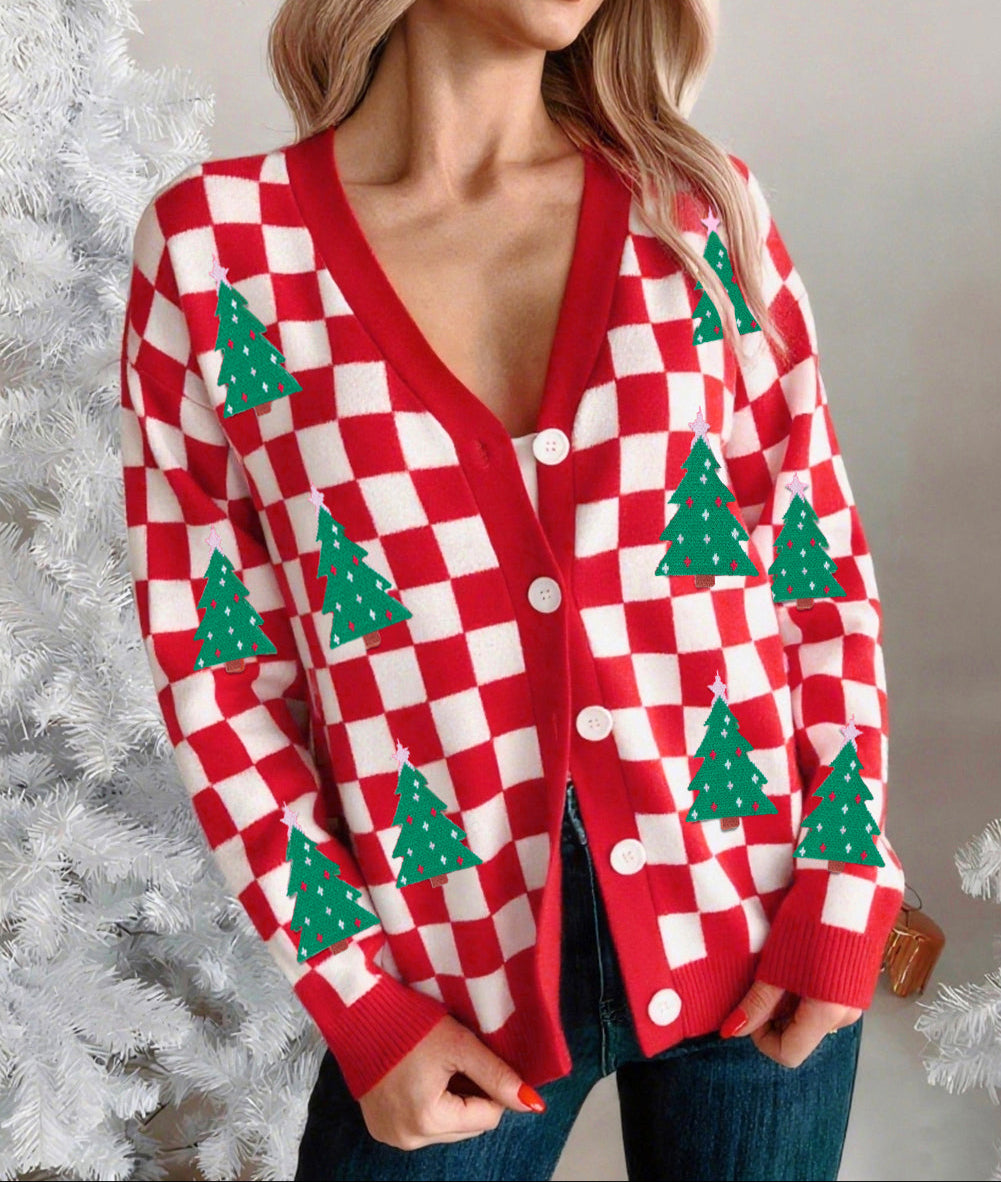 Christmas Tree Pattern Button V Neck Cardigan Sweater