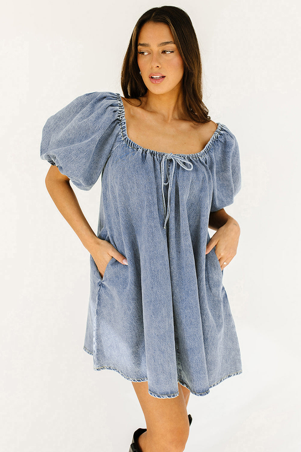 Bubble Sleeve Square Neck Denim Dress