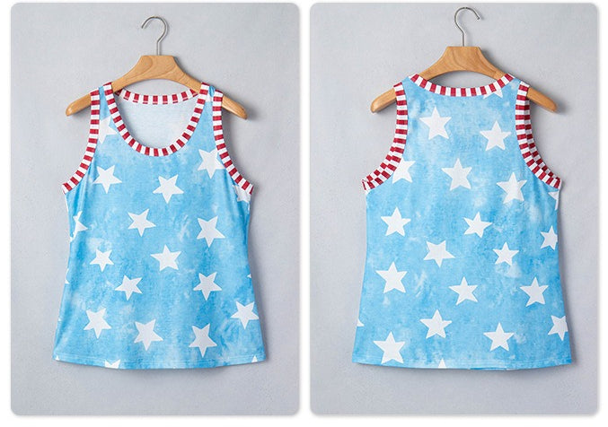 Sky Blue Tie Dye Star Print Striped Trim Round Neck Casual Tank Top
