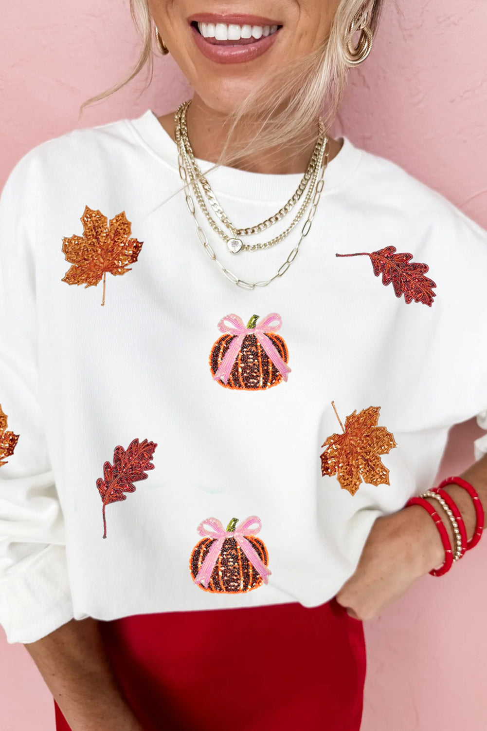 Fall Leaf Bow Pumpkin Sequin Patched Baggy Sweatshirt
