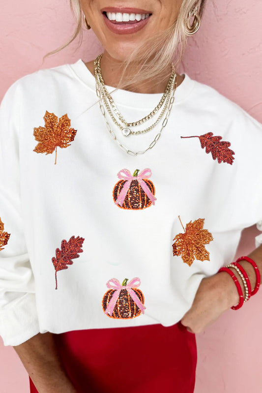 Fall Leaf Bow Pumpkin Sequin Patched Baggy Sweatshirt