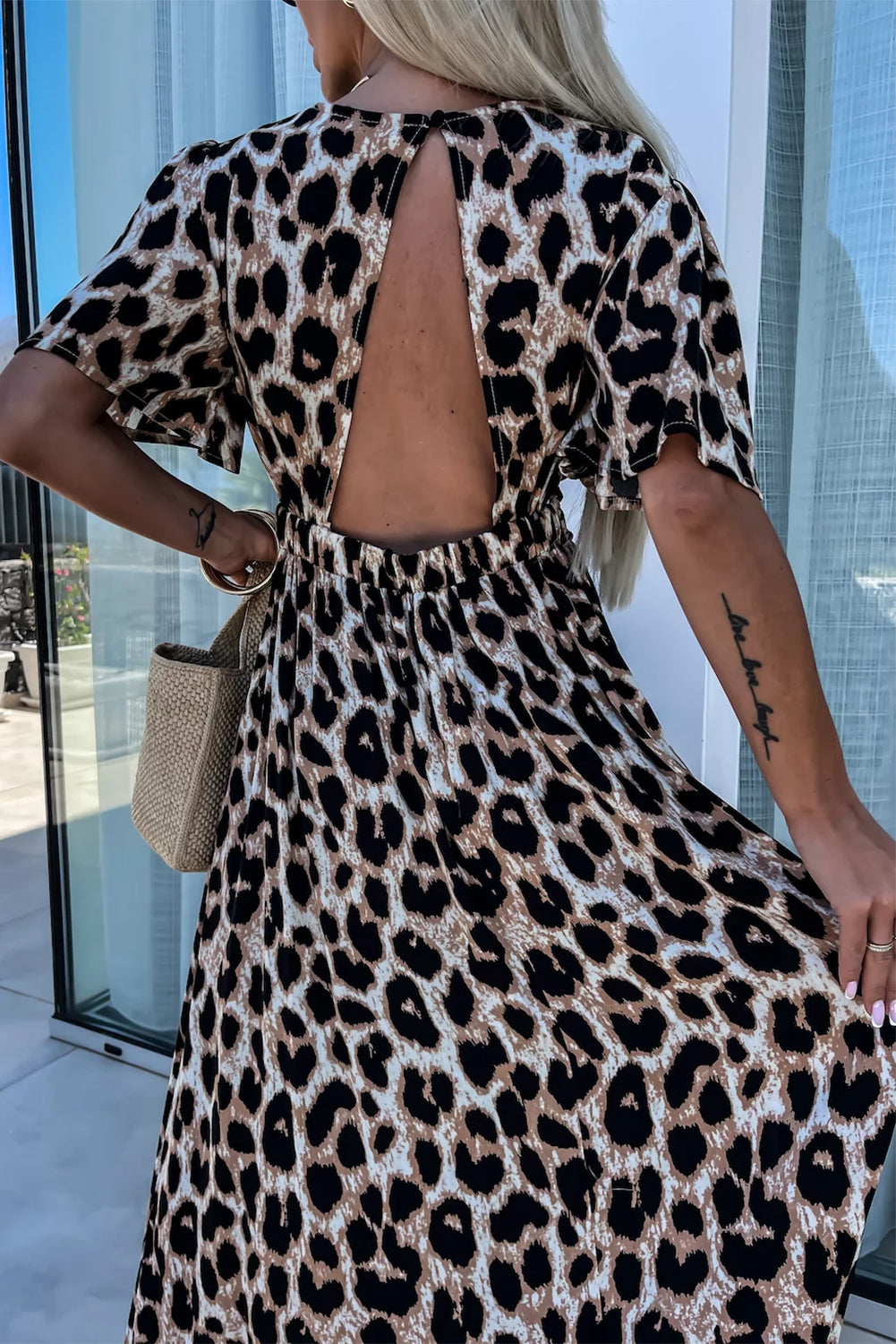 Leopard V Neck Cinched Open Back Maxi Dress