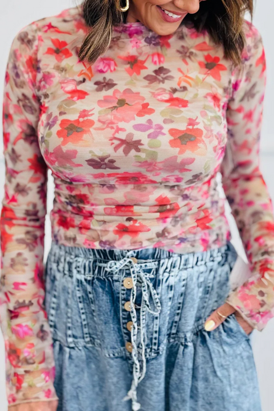 Floral Print Long Sleeve Slim Fit Mesh Top