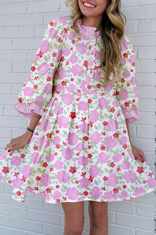 Floral Print Striped Trim Frilled Neck 3/4 Sleeve Flared Mini Dress